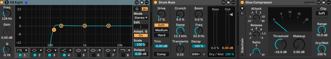 Ableton Live rack with EQ Eight high-pass filter, Drum Buss, and Cytomic Glue Compressor