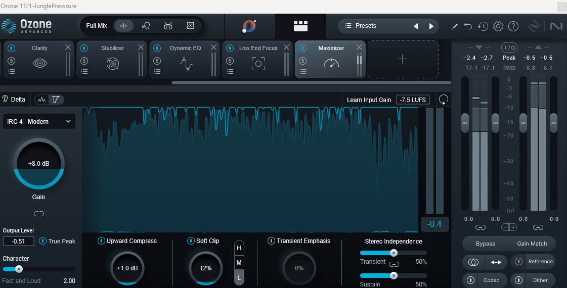 iZotope Ozone 11 Maximizer interface showing gain reduction and soft clip settings