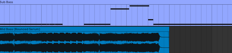Ableton Live timeline showing Sub Bass MIDI clip and Mid Bass Bounced Serum audio track